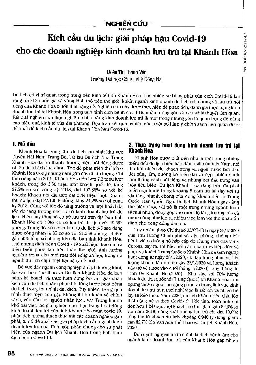 Kích cầu du lịch: giải pháp hậu Covid-19 cho các doanh nghiệp kinh doanh lưu trú tại Khánh Hòa