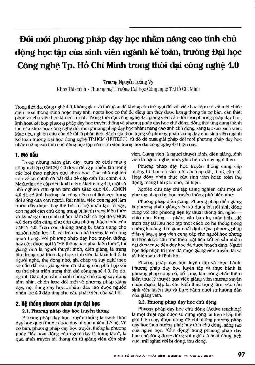 Đổi mới phương pháp dạy học nhằm nâng cao tính chủ động học tập của sinh viên ngành kế toán, trường Đại học Công nghệ Tp. Hồ Chí Minh trong thời đại công nghệ 4.0