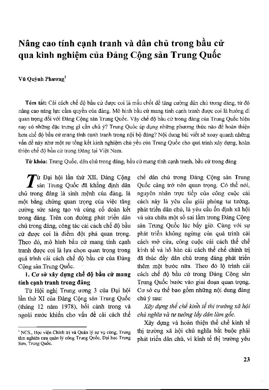 Nâng cao tính cạnh tranh và dân chủ trong bầu cử qua kinh nghiệm của Đảng Cộng sản Trung Quốc