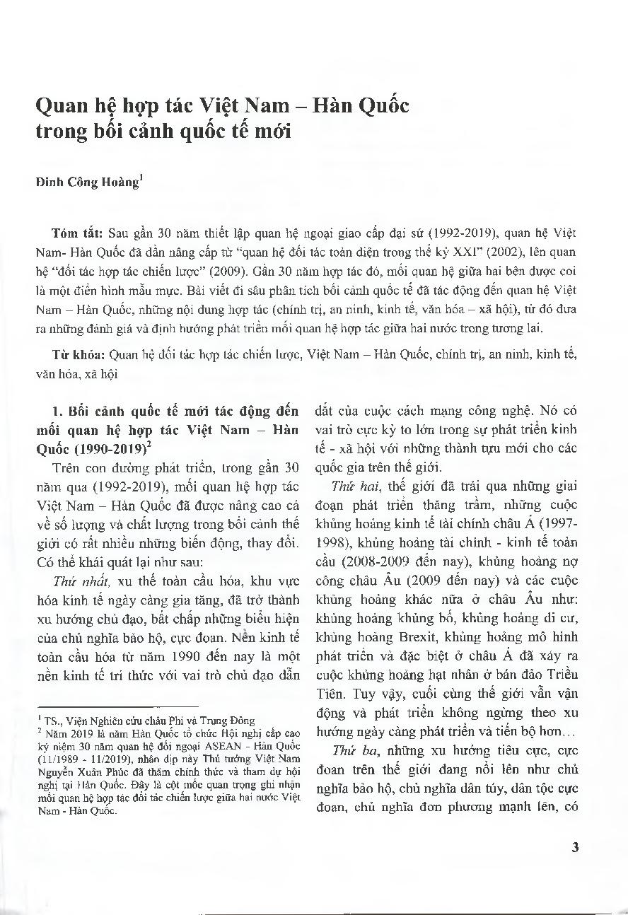 Quan hệ hợp tác Việt Nam - Hàn Quốc trong bối cảnh quốc tế mới