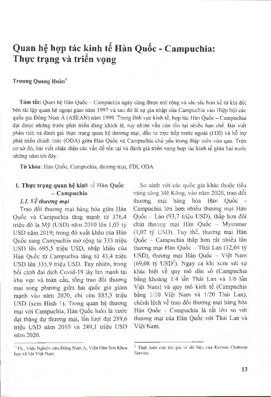 Quan hệ hợp tác kinh tế Hàn Quốc - Campuchia: Thực trạng và triển vọng