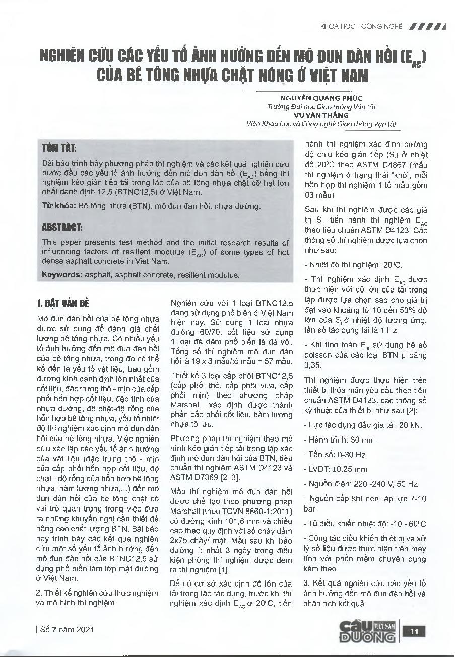 Nghiên cứu các yếu tố ảnh hưởng đến mô đun đàn hồi (EAC) của bê tông nhựa chặt nóng ở Việt Nam