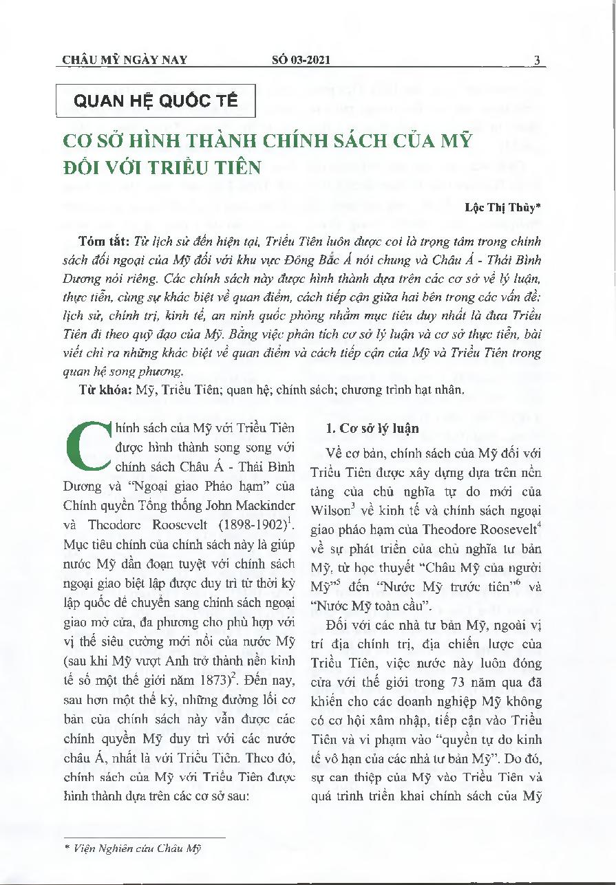 cơ sở hình thành chính sách của Mỹ đối với Triều Tiên