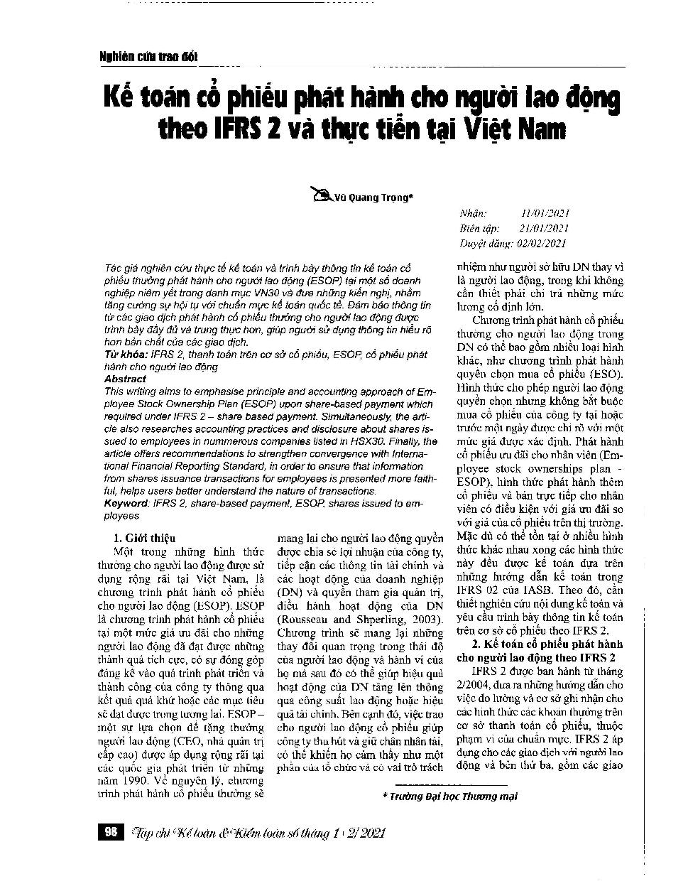 Kế toán cổ phiếu phát hành cho người lao động theo IFRS 2 và thực tiễn tại Việt Nam