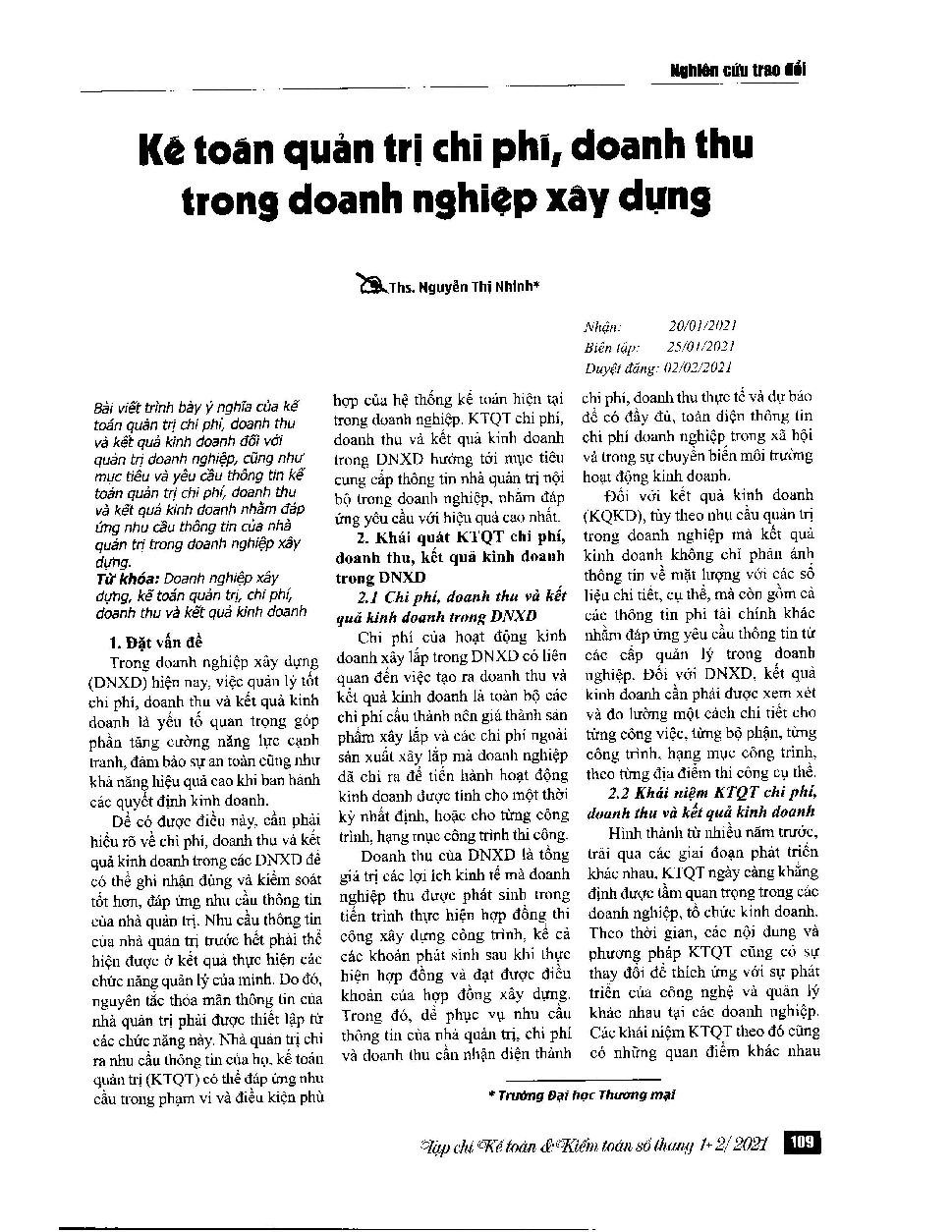 Kế toán quản trị chi phí, doanh thu trong doanh nghiệp xây dựng