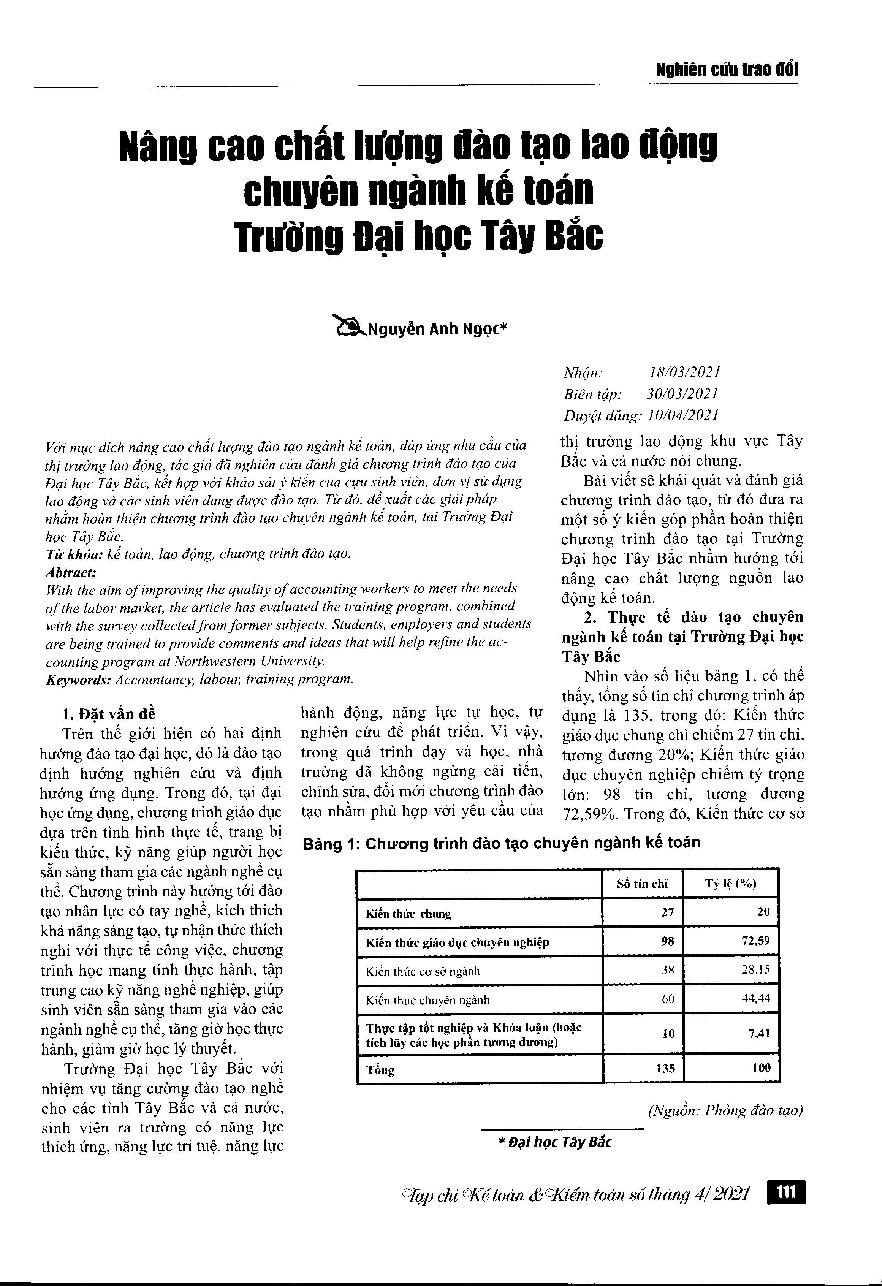 Nâng cao chất lượng đào tạo lao động chuyên ngành kế toán trường Đại học Tây Bắc