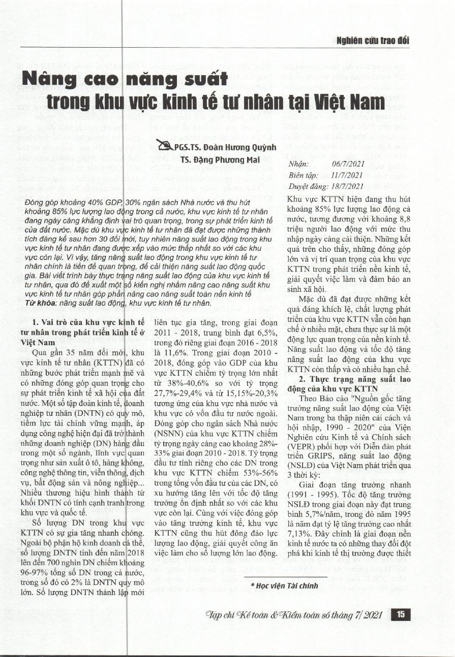 Nâng cao năng suất trong khu vực kinh tế tư nhân tại Việt Nam