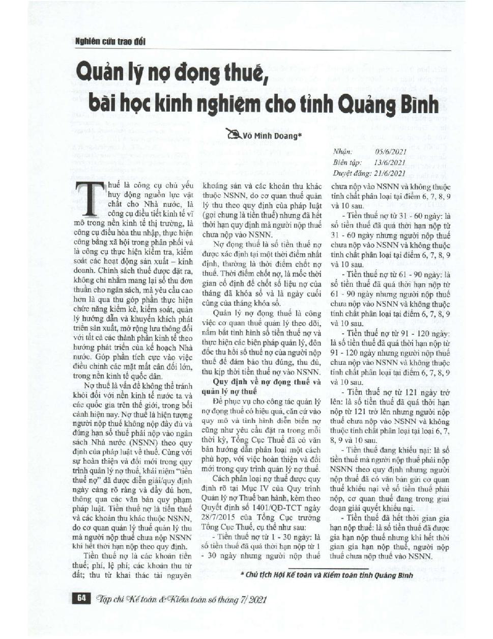 Quản lý nợ đọng thuế, bài học kinh nghiệm cho tỉnh Quảng Bình