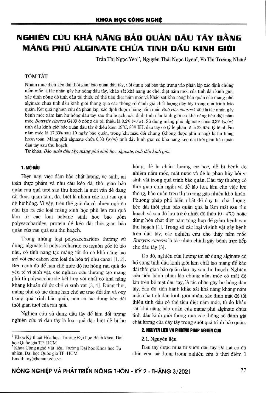 Nghiên cứu khả năng bảo quản dâu tây bằng màng phủ alginate chứa tinh dầu kinh giới
