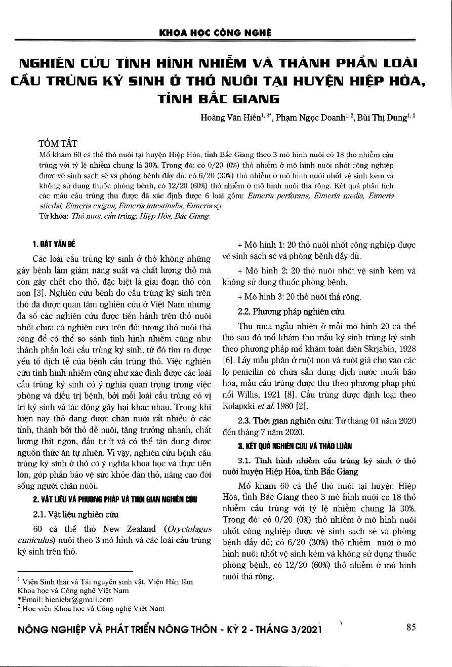 Nghiên cứu tình hình nhiễm và thành phần loài cầu trùng ký sinh ở thỏ nuôi tại huyện Hiệp Hòa, tỉnh Bắc Giạng