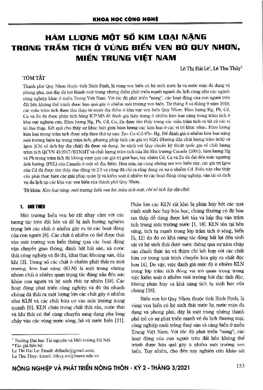 Hàm lượng một số kim loại nặng trong trầm tích ở vùng biển ven bờ Quy Nhơn, miền Trung Việt Nam
