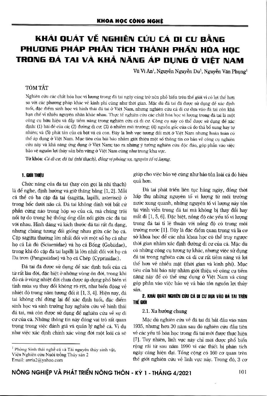 Khái quát về nghiên cứu cá di cư bằng phương pháp phân tích thành phần hóa học trong đá tai và khả năng áp dụng ở Việt Nam