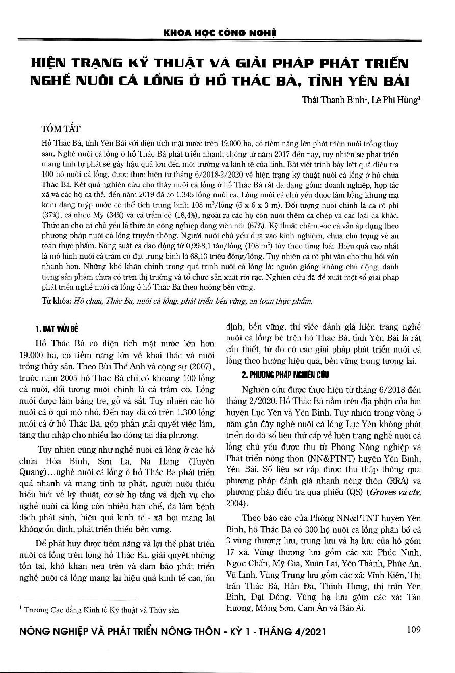 Hiện trạng kỹ thuật và giải pháp phát triển nghề nuôi cá lồng ở hồ Thác Bà, tỉnh Yên Bái