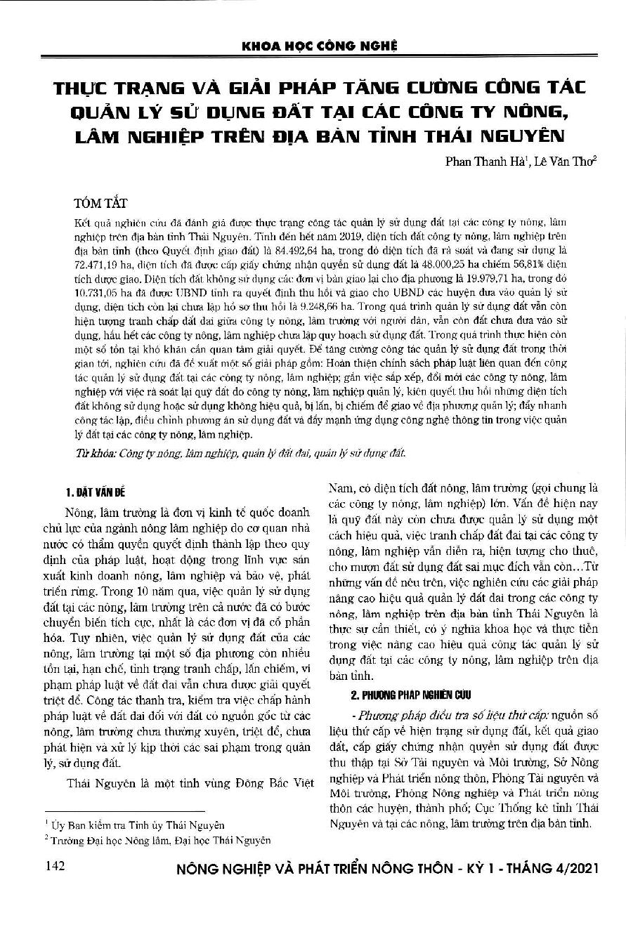 Thực trạng và giải pháp tăng cường công tác quản lý sử dụng đất tại các công ty nông, lâm nghiệp trên địa bàn tỉnh Thái Nguyên