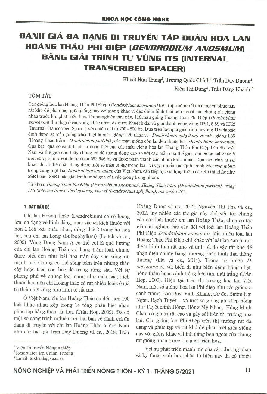 Đánh giá đa dạng di truyền tập đoàn hoa lan Hoàng thảo phi điệp (Dendrobium anosmum) bằng giải trình tự vùng Its (Internal transcribed spacer)