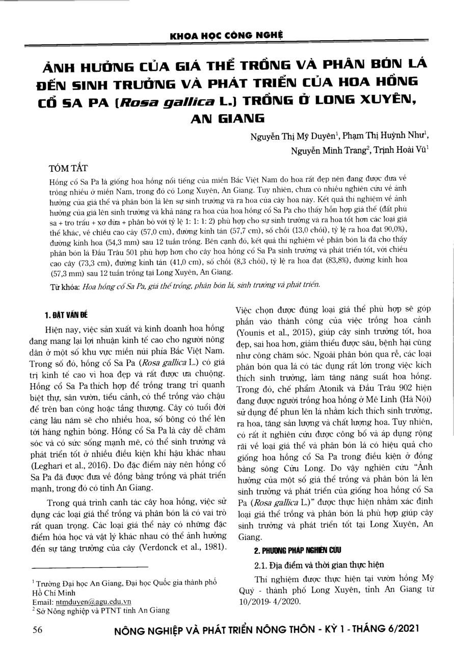 Ảnh hưởng của giá thể trồng và phân bón lá đến sinh trưởng và phát triển của hoa hồng cổ Sapa (Rosa gallica L.) trồng ở Long Xuyên, An Giang
