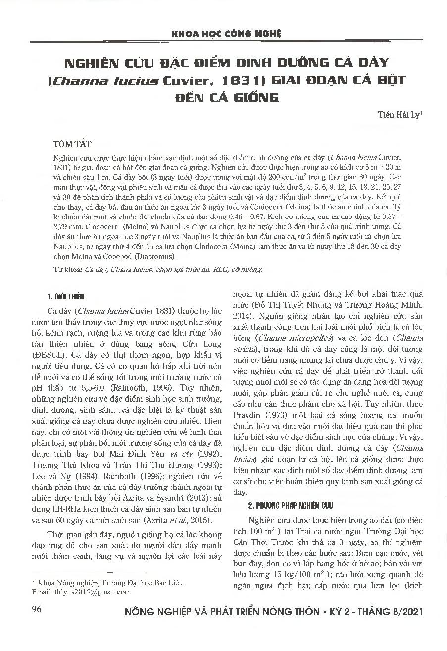 Nghiên cứu đặc điểm dinh dưỡng cá dày [channa lucius cuvier, 1831] giai đoạn cá bột đến cá giống