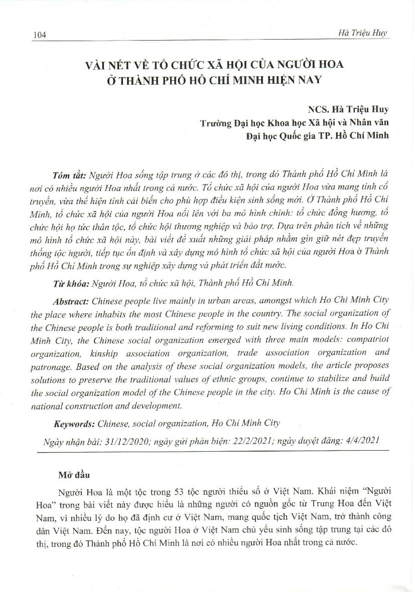 Vài nét về tổ chức xã hội của người Hoa ở thành phố Hồ Chí Minh hiện nay