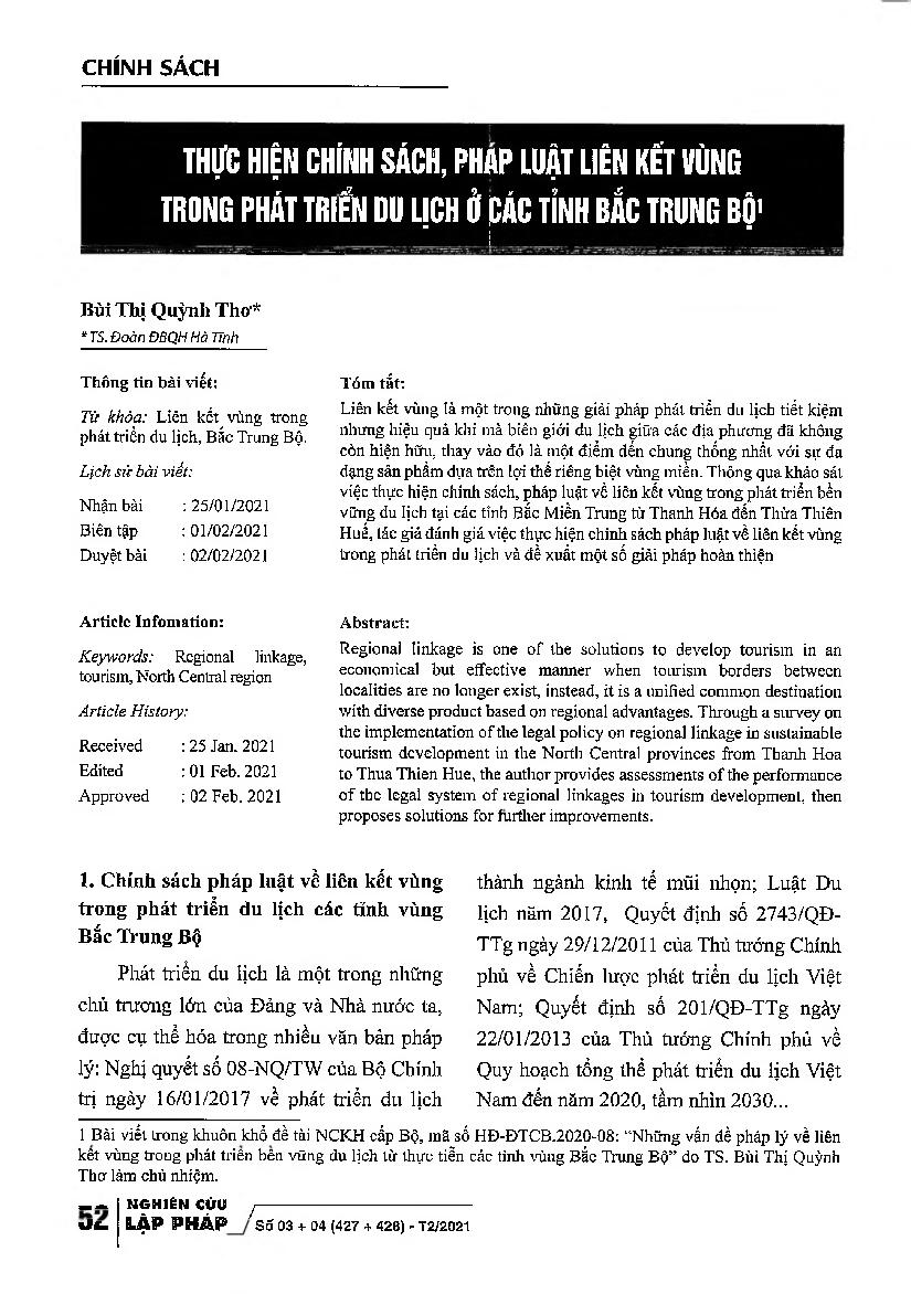 Thực hiện chính sách, pháp luật liên kết vùng trong phát triển du lịch ở các tình Bắc Trung Bộ