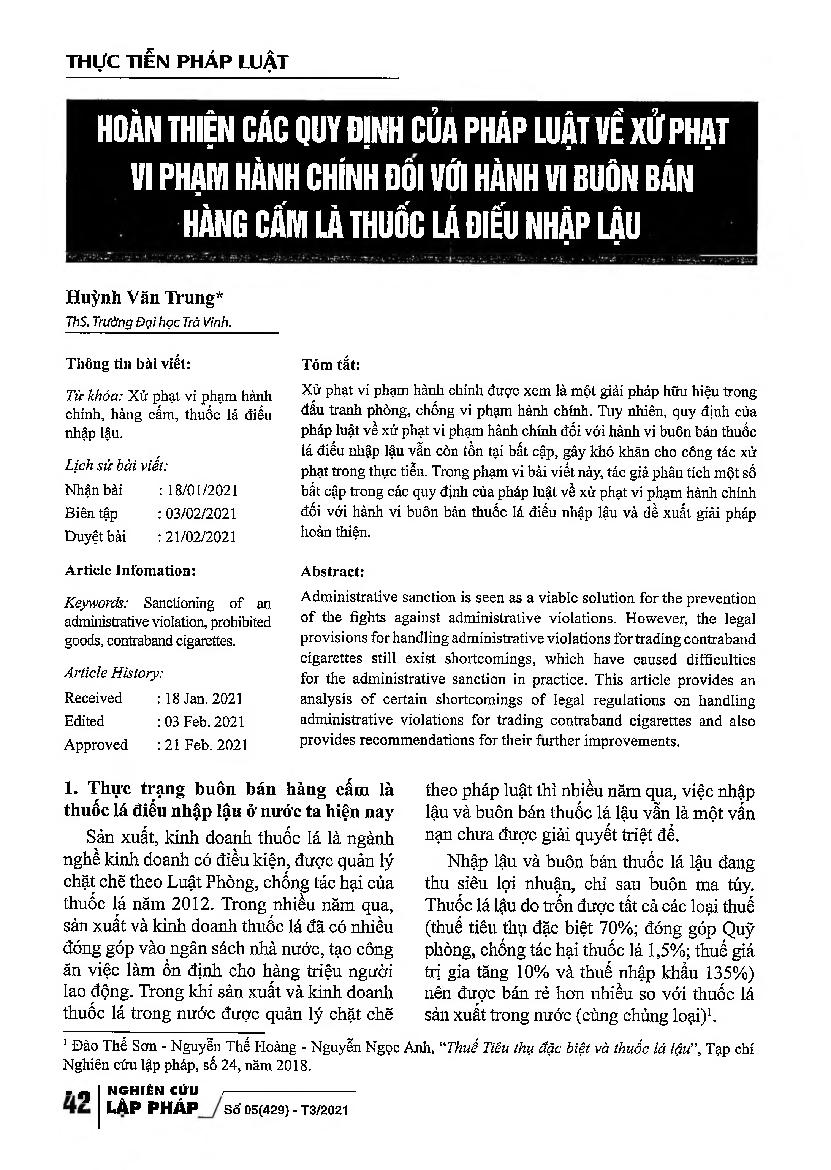 Hoàn thiện các quy định của pháp luật về xử phạt vi phạm hành chính đối với hành vi buôn bán hàng cấm là thuốc lá điếu nhập lậu