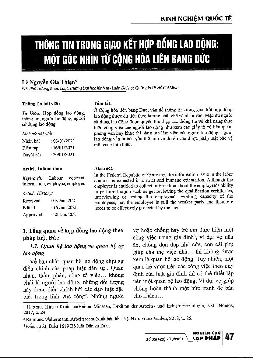 Thông tin trong giao kết hợp đồng lao động: một góc nhìn từ Cộng hòa liên bang Đức