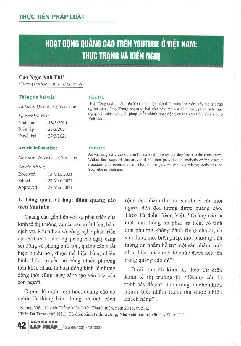 Hoạt động quảng cáo trên youtube ở Việt Nam: thực trạng và kiến nghị