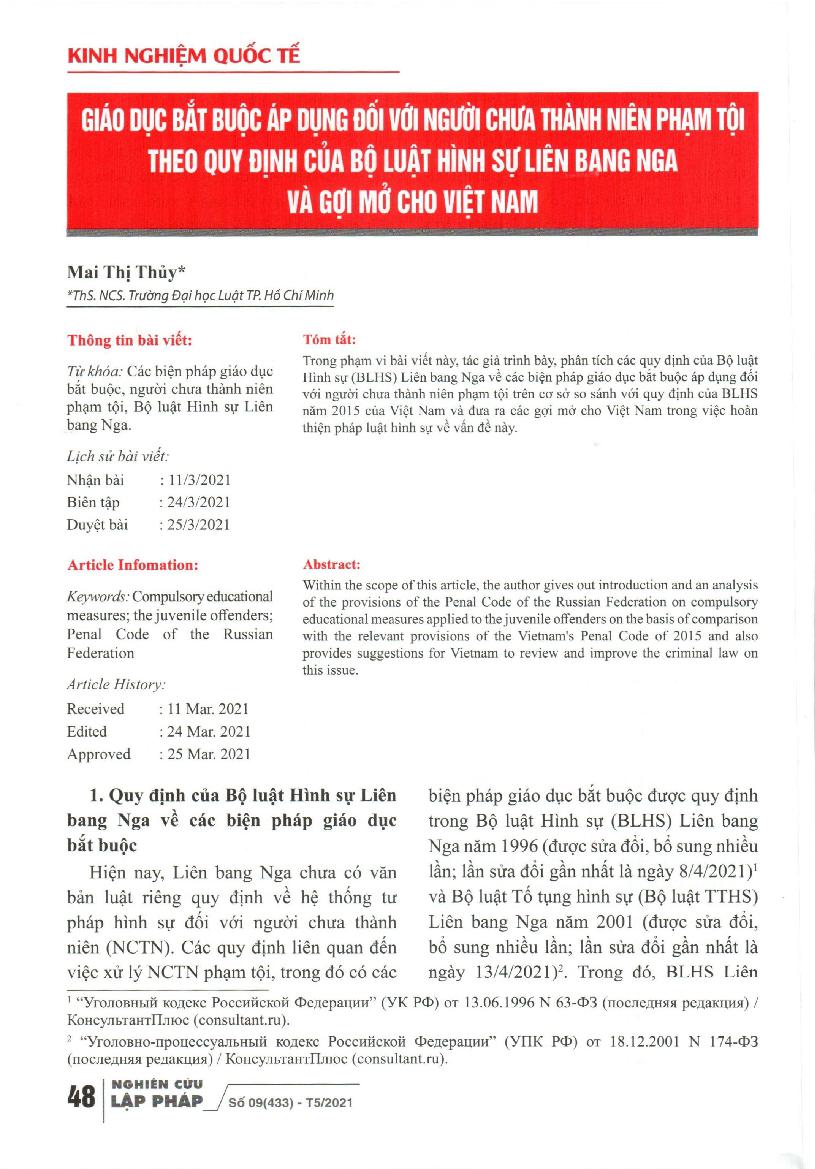 Giáo dục bắt buộc áp dụng đối với người chưa thành niên phạm tội theo quy bịnh của Bộ luật Hình sự Liên bang Nga và gợi mở cho Việt Nam