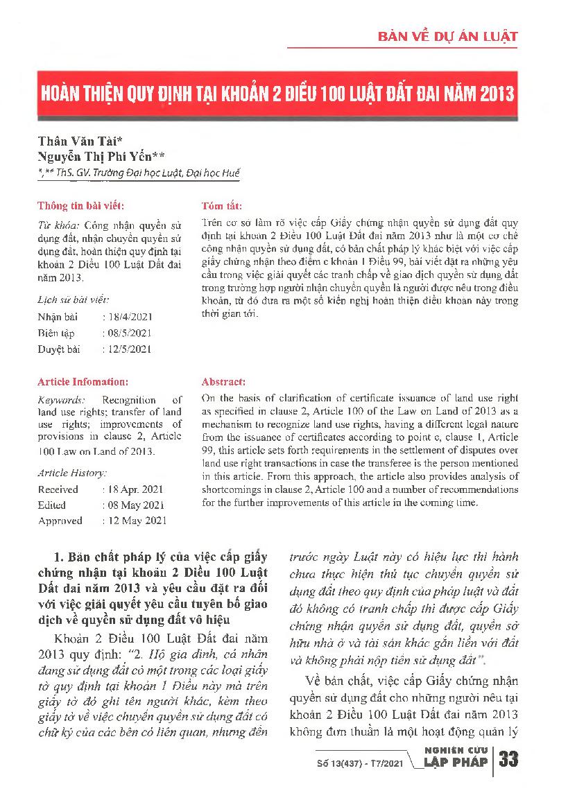 Hoàn thiện quy định tại khoản 2 Điều 100 Luật Đất đai năm 2013.