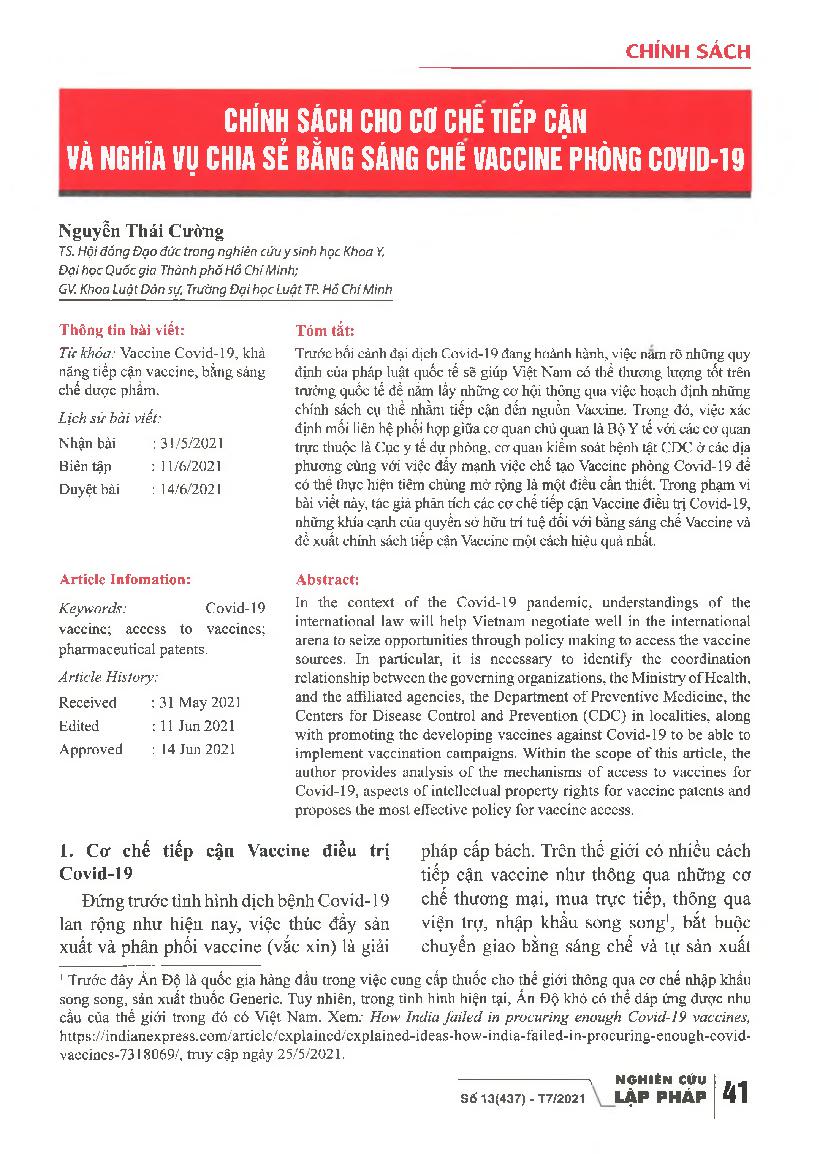 Chính sách cho cơ chế tiếp cận và nghĩa vụ chia sẻ bằng sáng chế vaccine phòng Covid-19