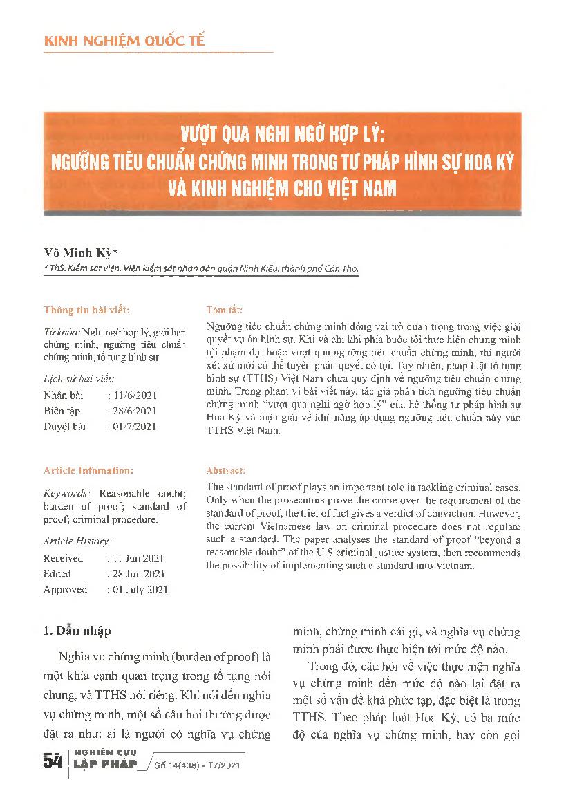 Vượt qua nghi ngờ hợp lý: Ngưỡng tiêu chuẩn chứng minh trong tư pháp hình sự Hoa Kỳ và kinh nghiệm cho Việt Nam