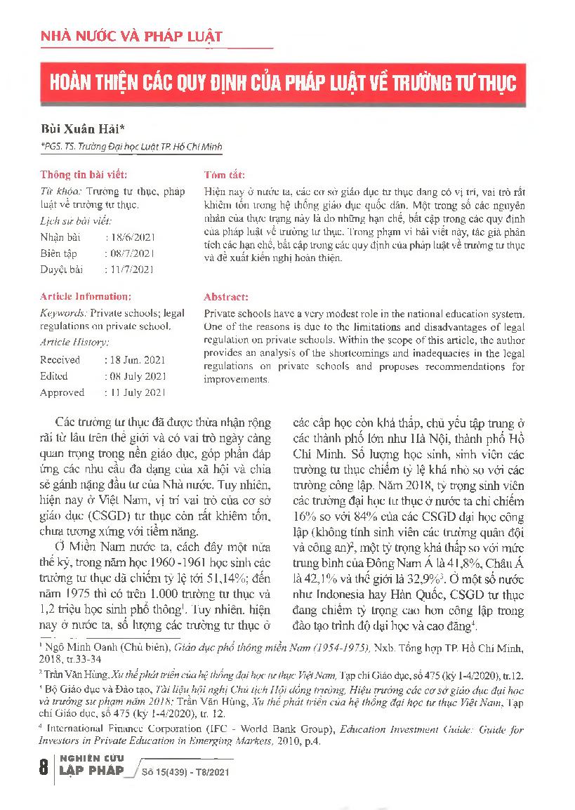 Hoàn thiện các quy định của pháp luật về trường tư thục