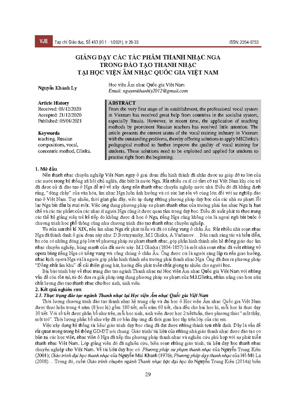 Giảng dạy các tác phẩm thanh nhạc Nga trong đào tạo thanh nhạc tại Học viện Âm nhạc Quốc gia Việt Nam