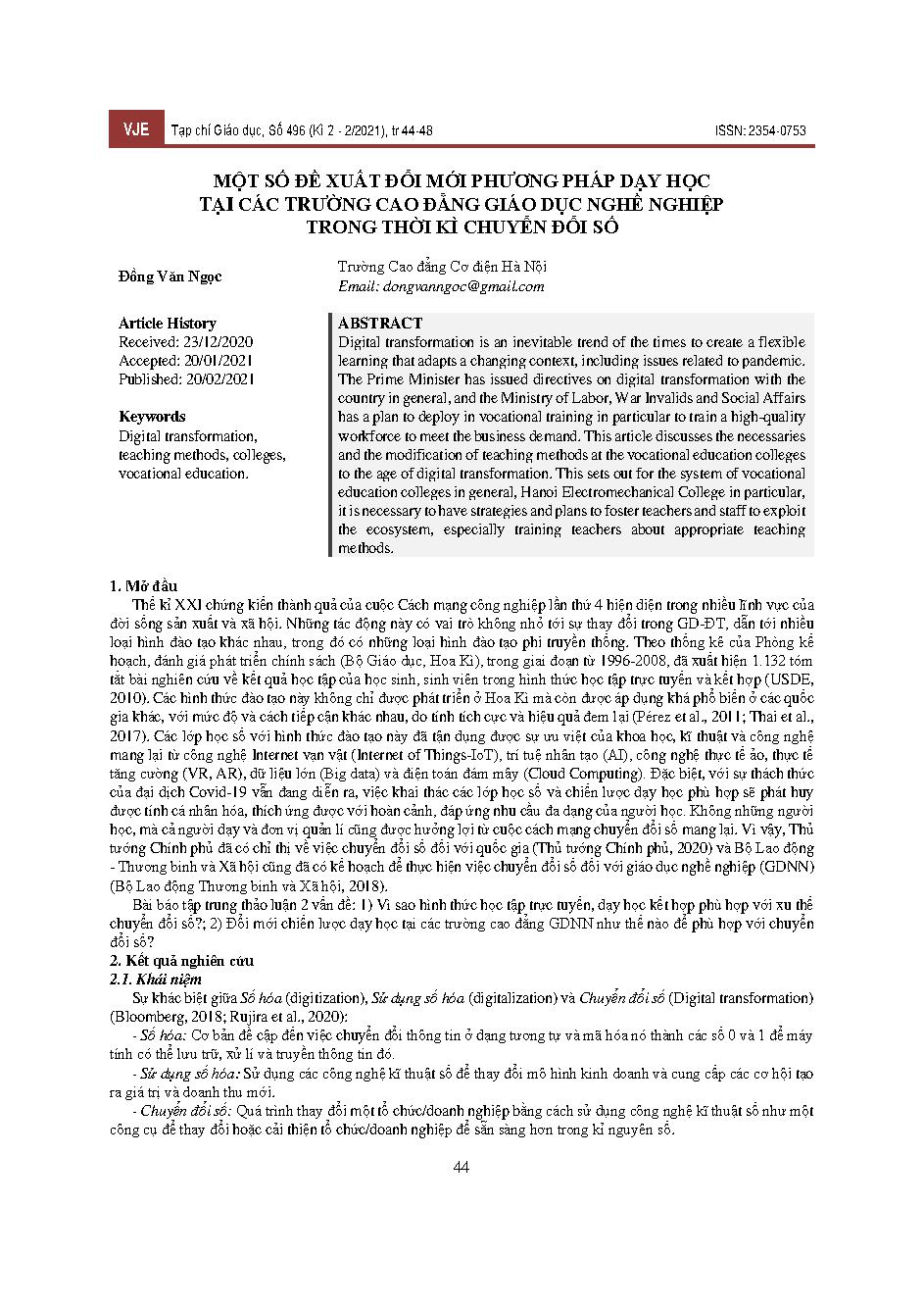 Một số đề xuất đổi mới phương pháp dạy học tại các trường cao đẳng giáo dục nghề nghiệp trong thời kì chuyển đổi số