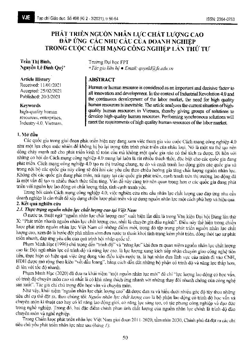 Phát triển nguồn nhân lực chất lượng cao đáp ứng các nhu cầu của doanh nghiệp trong cuộc Cách mạng công nghiệp lần thứ tư
