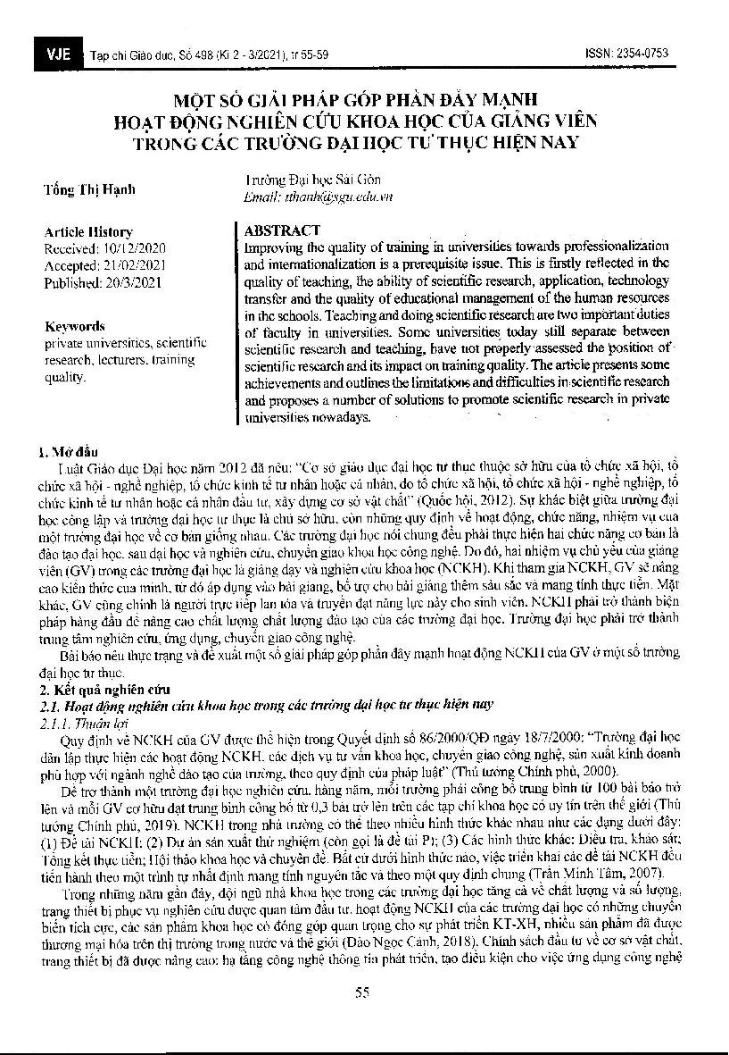 Một số giải pháp góp phần đẩy mạnh hoạt động nghiên cứu khoa học của giảng viên trong các trường đại học tư thục hiện nay