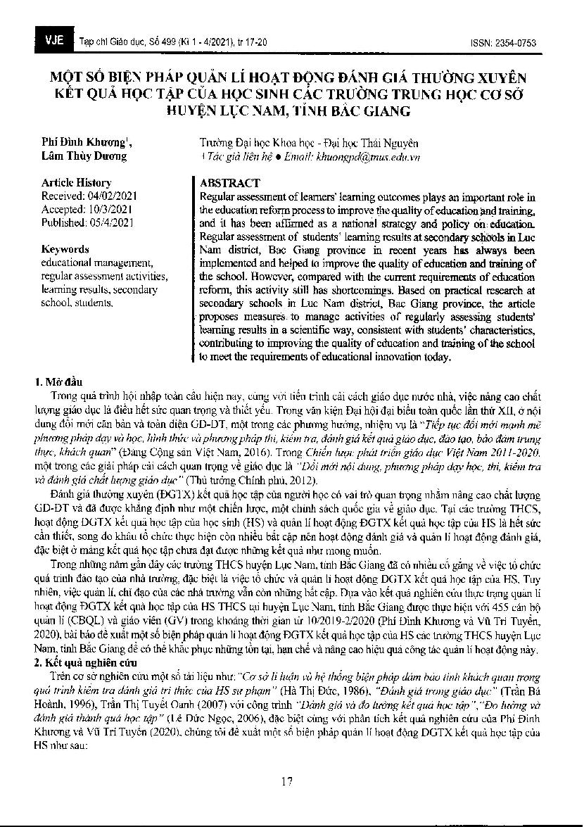 Một số biện pháp quản lí hoạt động đánh giá thường xuyên kết quả học tập của học sinh các trường trung học cơ sở huyện Lục Nam, tỉnh Bắc Giang