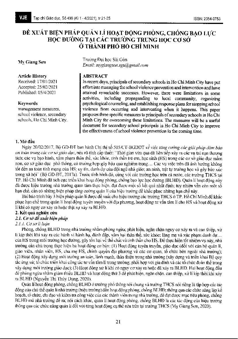 Đề xuất biện pháp quản lí hoạt động phòng, chống bạo lực học đường tại các trường trung học cơ sở ở Thành phố Hồ Chí Minh