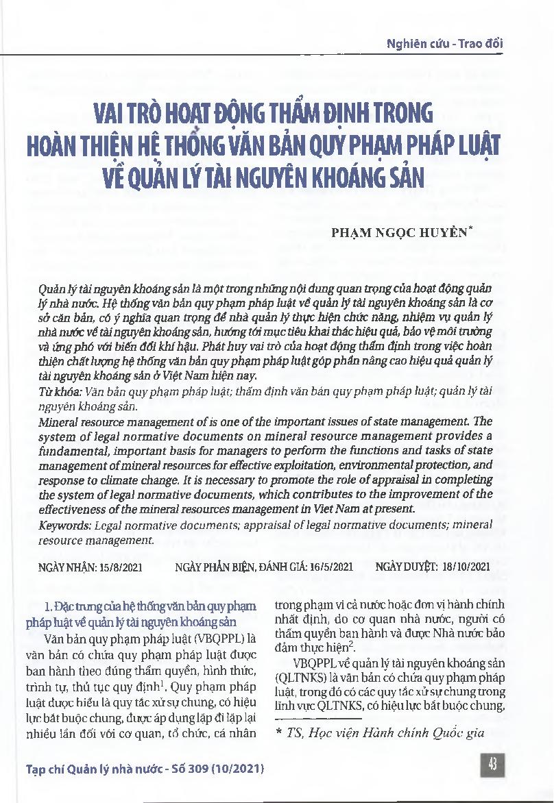 Vai trò hoạt động thẩm định trong hoàn thiện hệ thống văn bản quy phạm pháp luật về quản lý tài nguyên khoáng sản