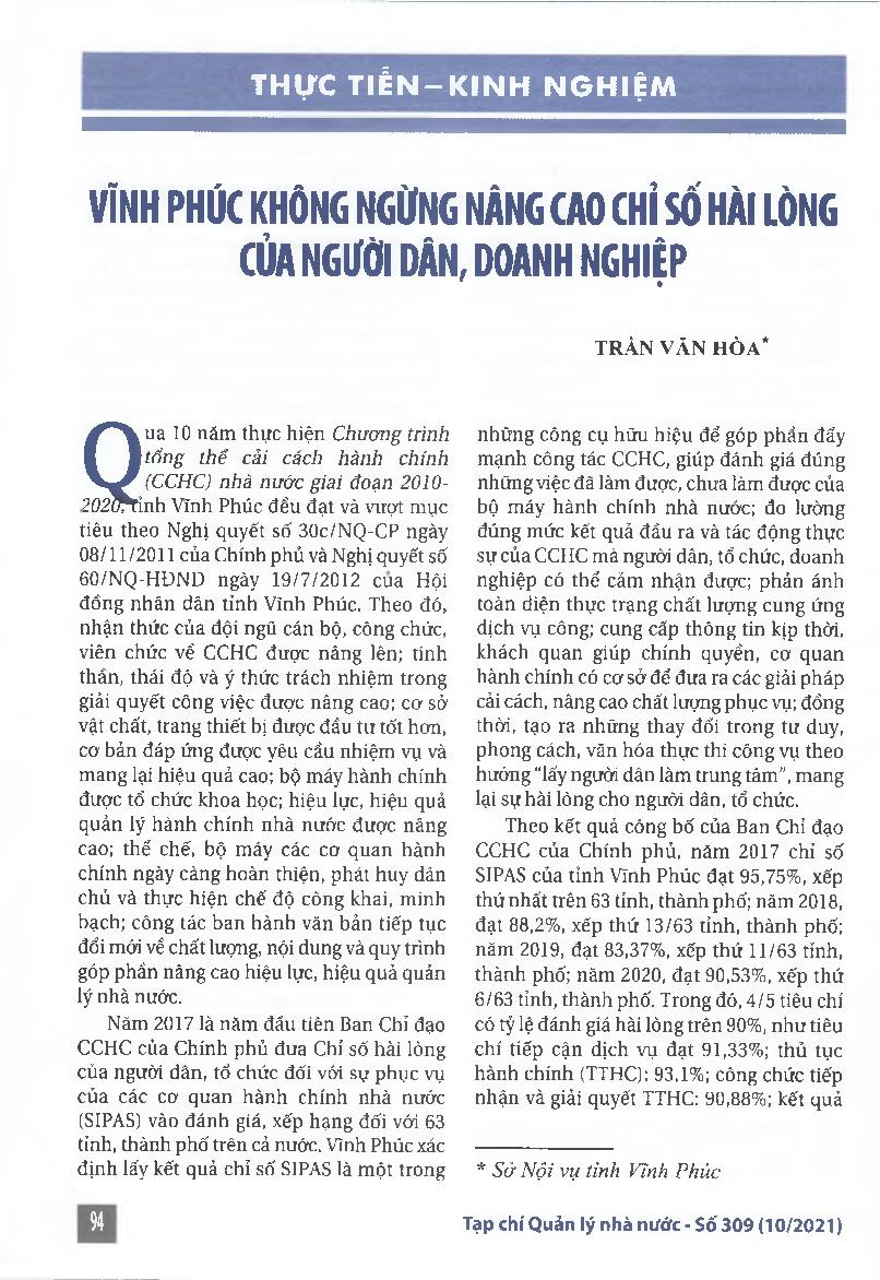 Vĩnh Phúc không ngừng nâng cao chỉ số hài lòng của người dân, doanh nghiệp