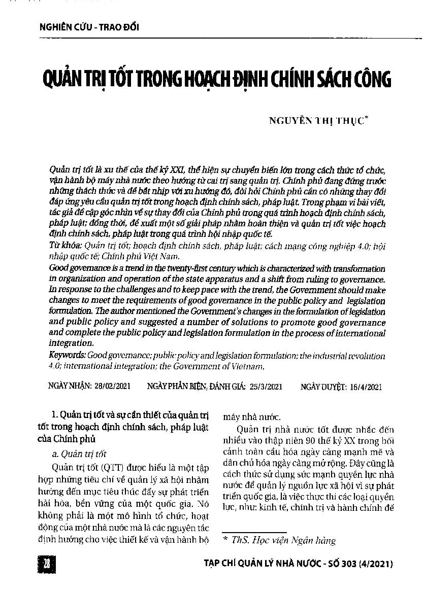 Quản trị tốt trong hoạch định chính sách công