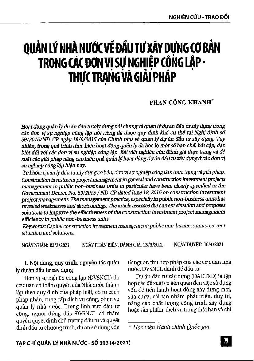 Quản lý nhà nước về đầu tư xây dựng cơ bản trong các đơn vị sự nghiệp công lập -thực trạng và giải pháp