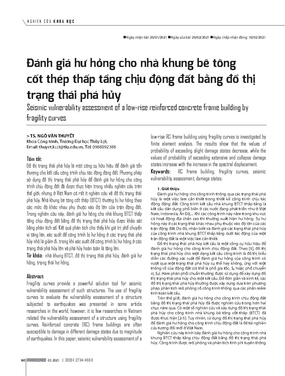 Đánh giá hư hỏng cho nhà khung bê tông cốt thép thấp tầng chịu động đất bằng đồ thị trạng thái phá hủy