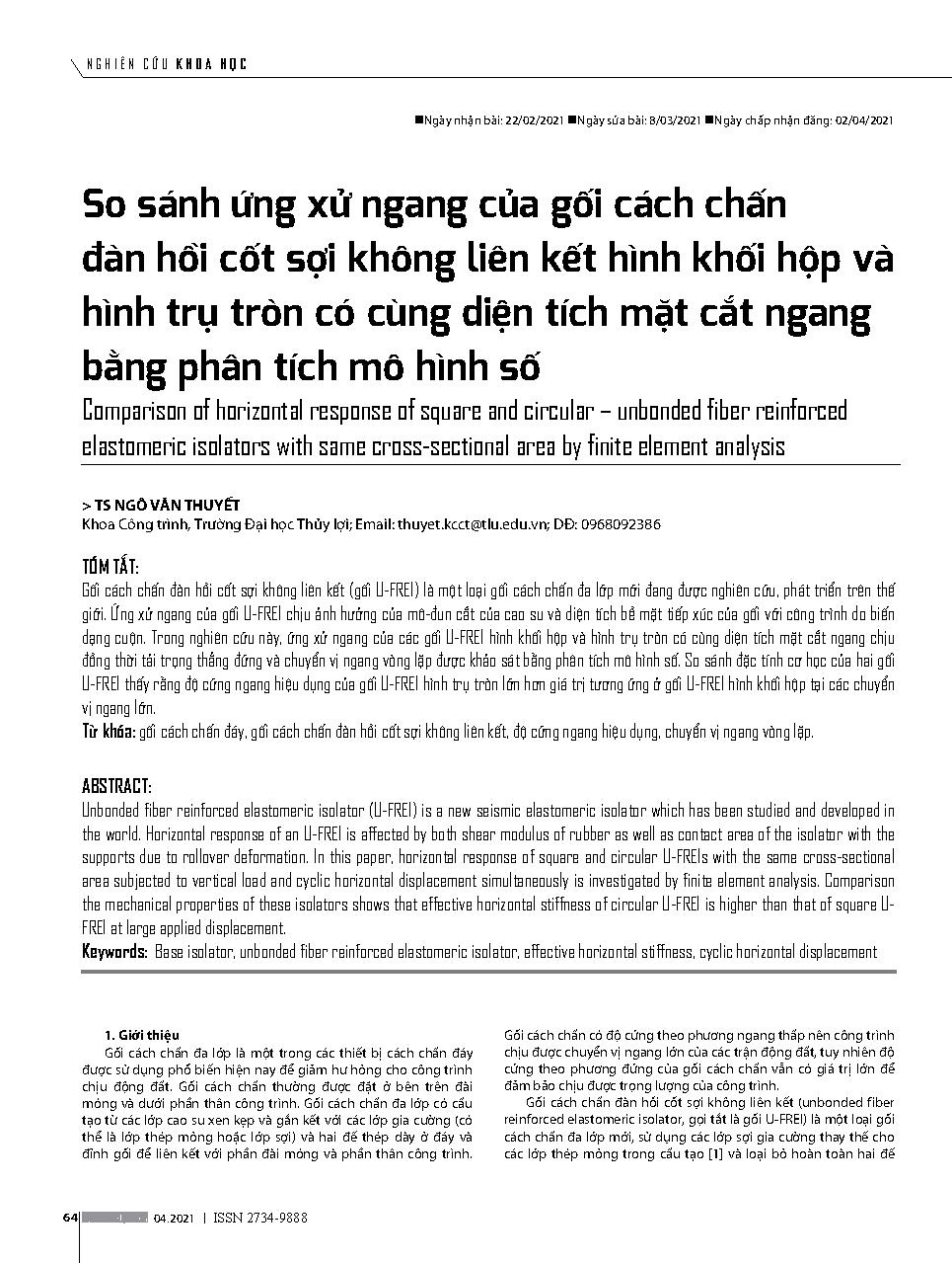 So sánh ứng xử ngang của gối cách chấn đàn hồi cốt sợi không liên kết hình khối hộp và hình trụ tròn có cùng diện tích mặt cắt ngang bằng phân tích mô hình số