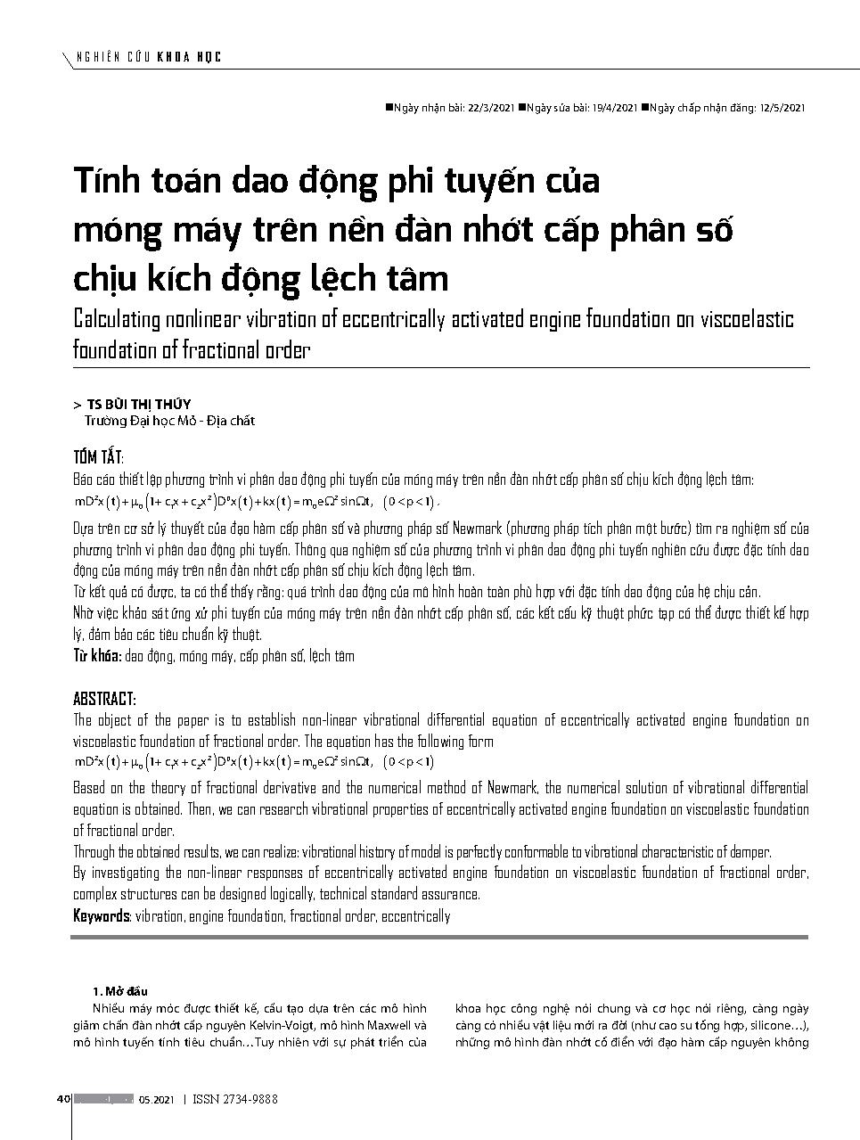 Tính toán dao động phi tuyến của móng máy trên nền đàn nhớt cấp phân số chịu kích động lệch tâm