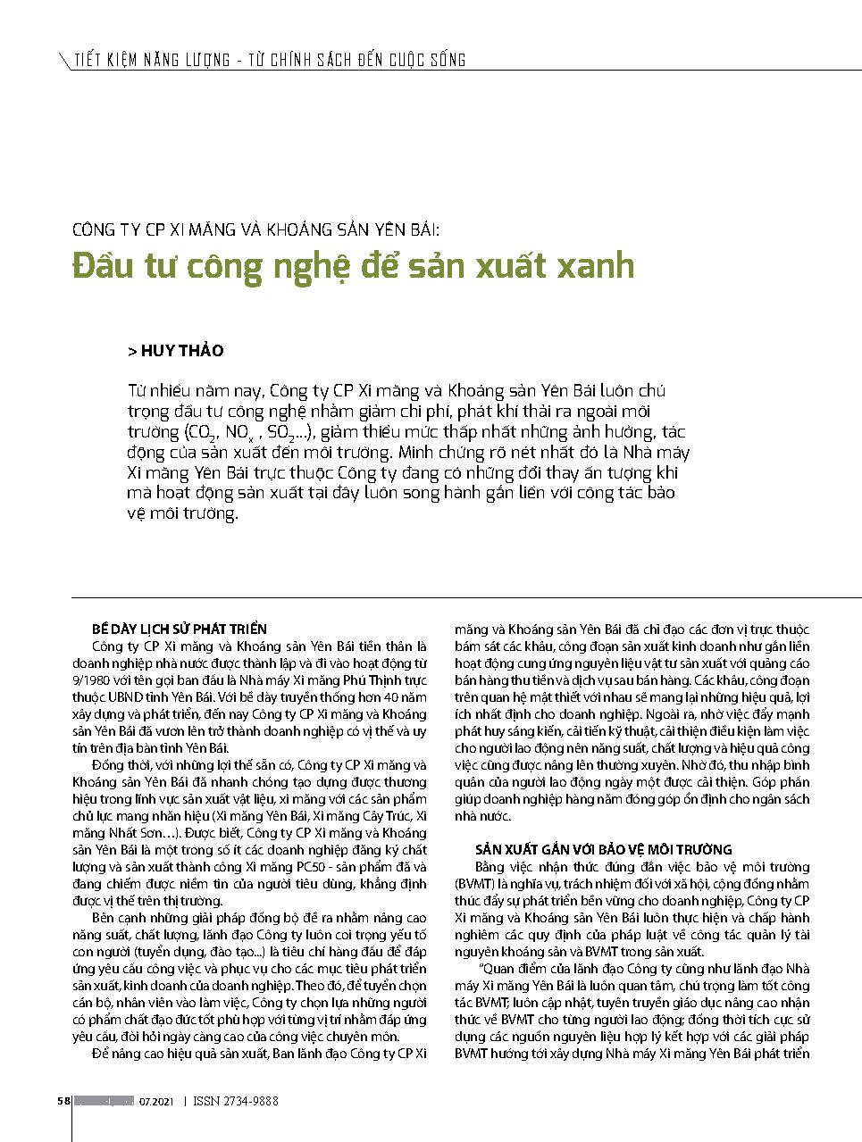 Công ty CP Xi măng và Khoáng sản Yên Bái: Đầu tư công nghệ để sản xuất xanh