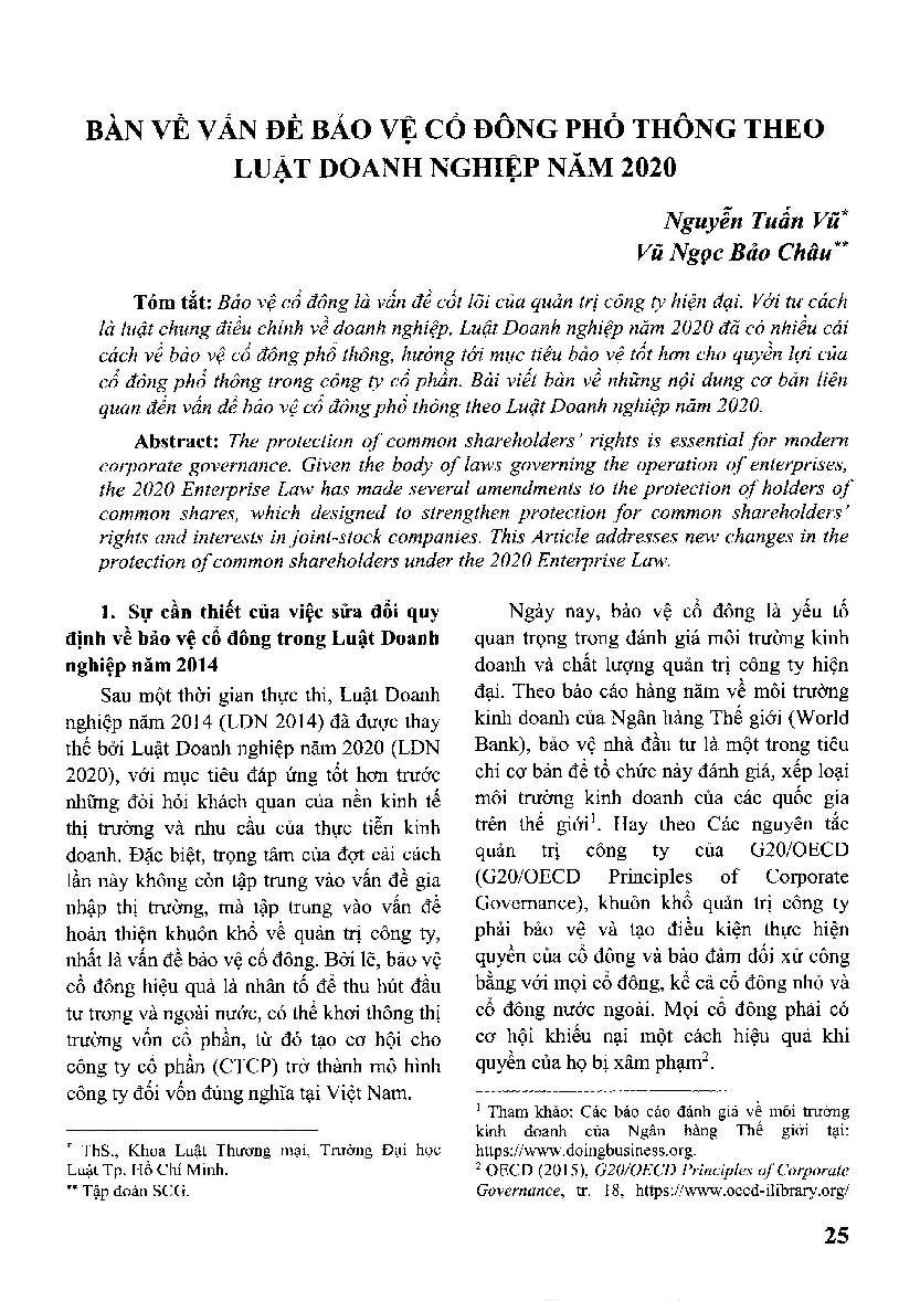 Bàn về vấn đề bảo vệ cổ đông phổ thông theo Luật Doanh nghiệp năm 2020