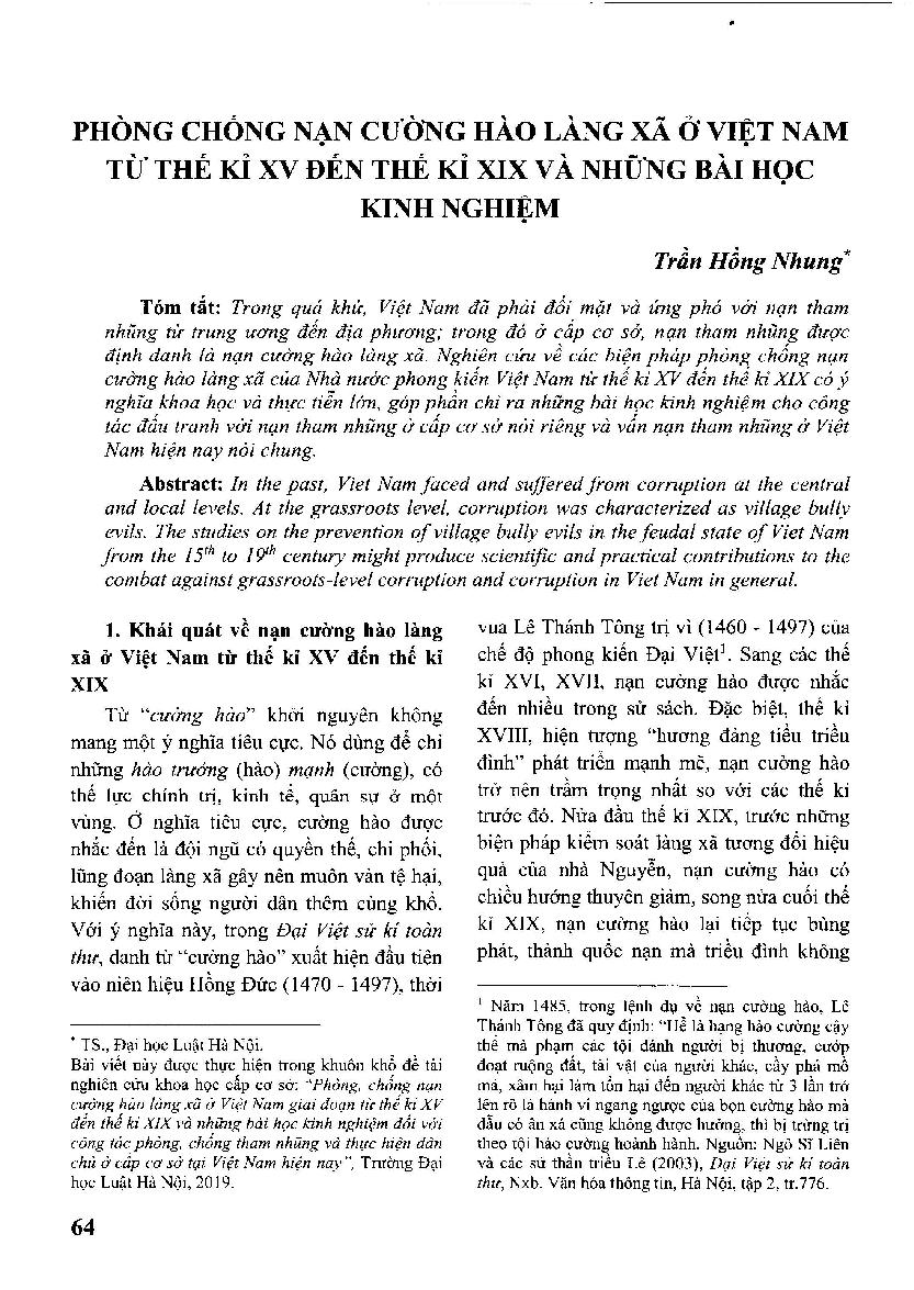 Phòng chống nạn cường hào làng xã ở Việt Nam từ thế kỉ XV đến thế kỉ XIX và những bài học kinh nghiệm