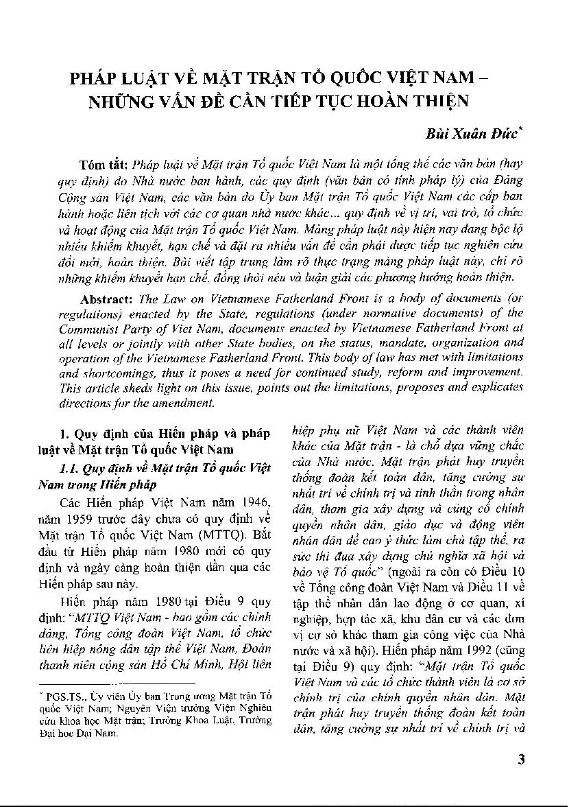 Pháp luật về Mặt trận Tổ quốc Việt Nam - những vấn đề cần tiếp tục hoàn thiện
