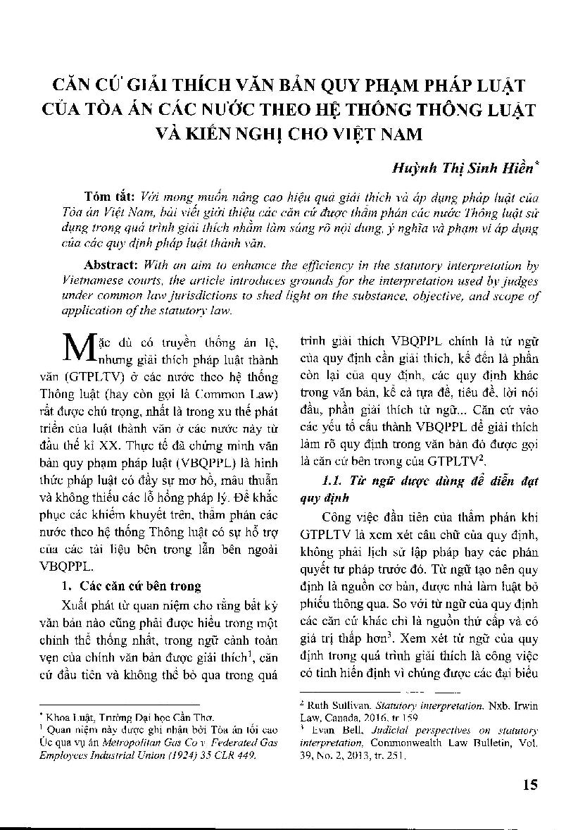 Căn cứ giải thích văn bản quy phạm pháp luật của tòa án các nước theo hệ thống thông luật và kiến nghị cho Việt Nam