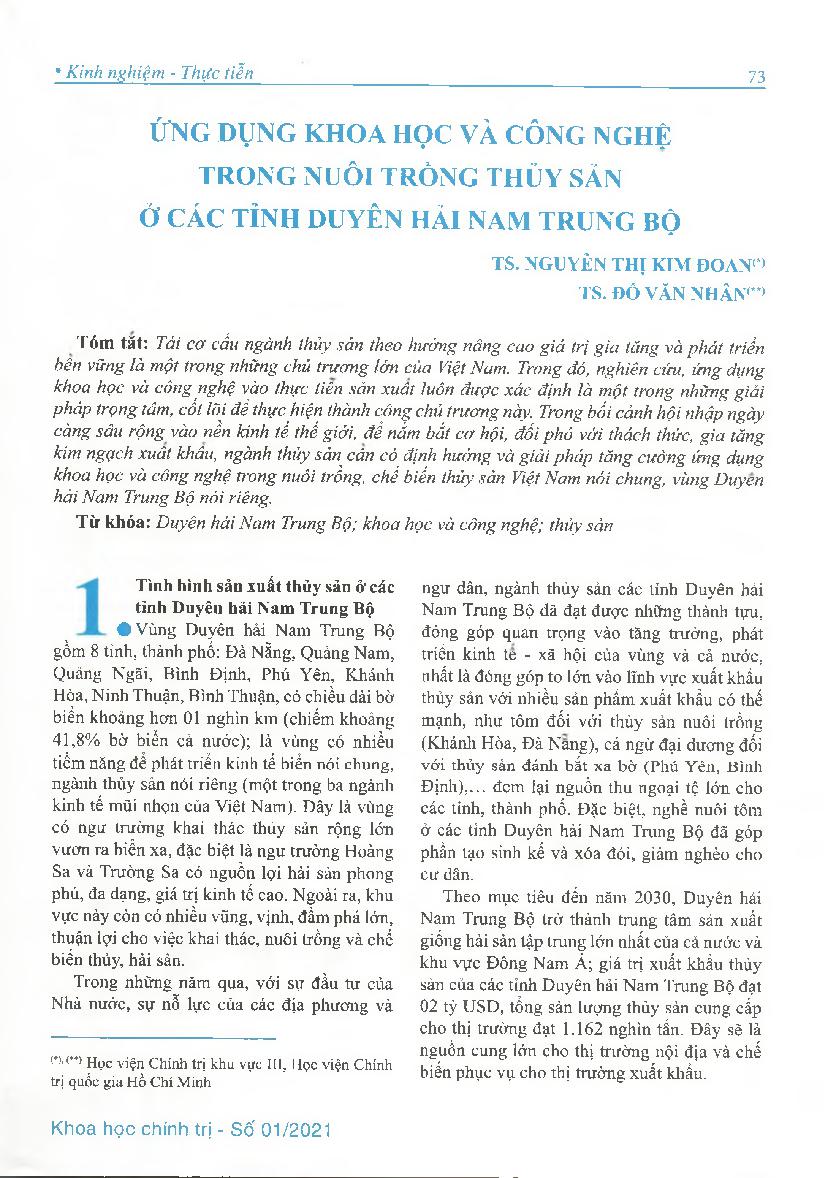 Ứng dụng khoa học và công nghệ trong nuôi trồng thủy sản ở các tỉnh duyên hải Nam Trung bộ